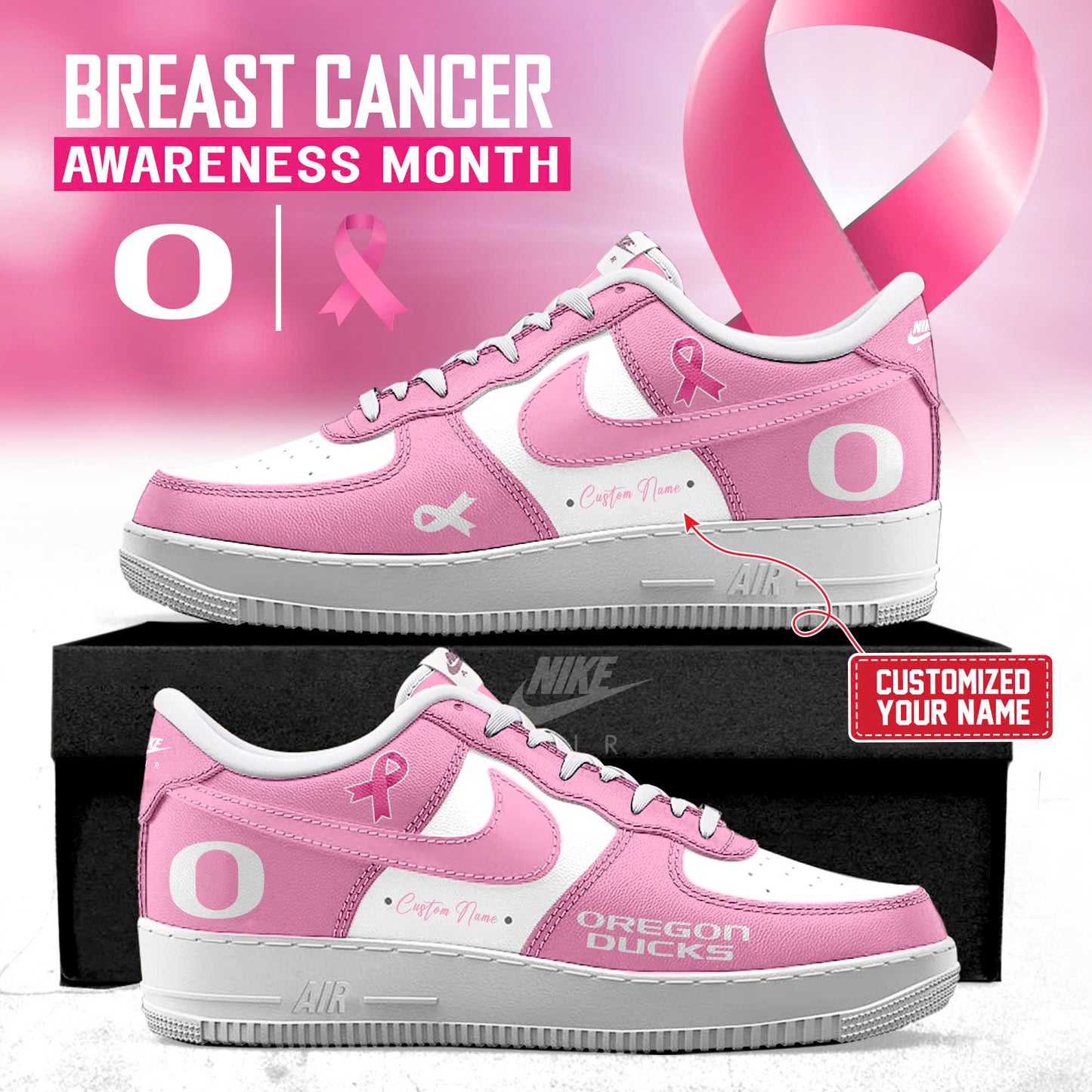 Oregon Ducks x Breast Cancer Customized AF1 Sneakers