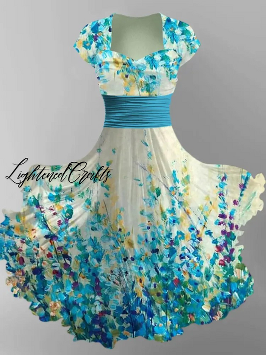 Abstract Floral Art Print V-Neck Vintage Chic Short Sleeve Midi Dress