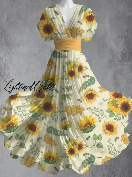 Bee Floral Art Print V-Neck Short Sleeve Retro Dress