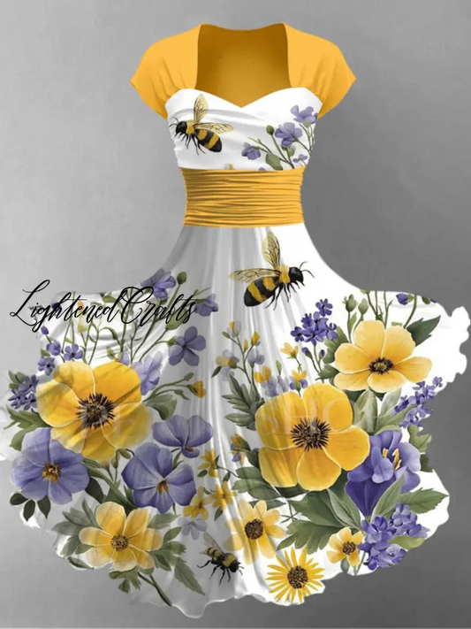 Bee Floral Art Print Short Sleeve Vintage Dress
