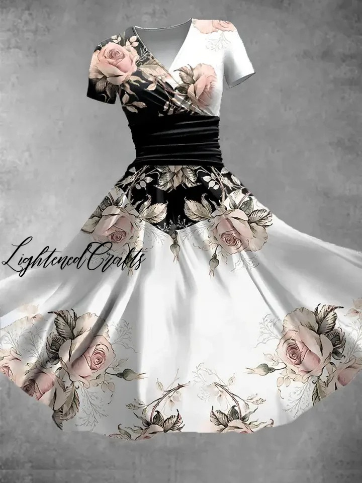 Women's Retro V-Neck Floral Art Print Short Sleeve Casual Dress