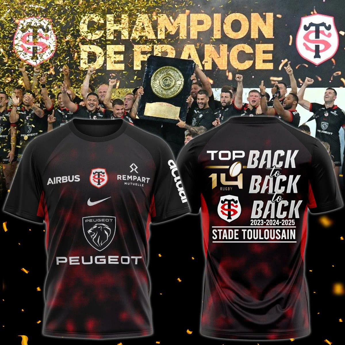 Stade Toulousain Champions 2025 Back To Back To Back T-Shirt