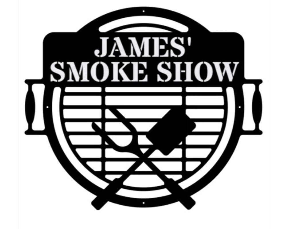 BBQ Sign Metal Wall Art, James' Smoke Show Metal Name Sign, Laser Cut Metal Sign Western Decor, Outdoor Wall Decor, Metal Shop Sign