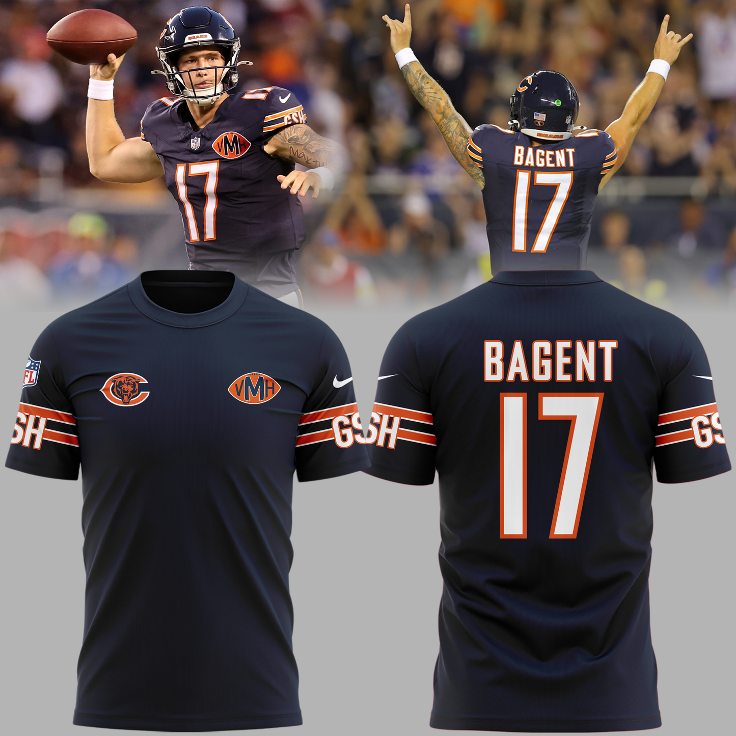 1 Tyson Bagent Number 17 Chicago Bears Tshirt