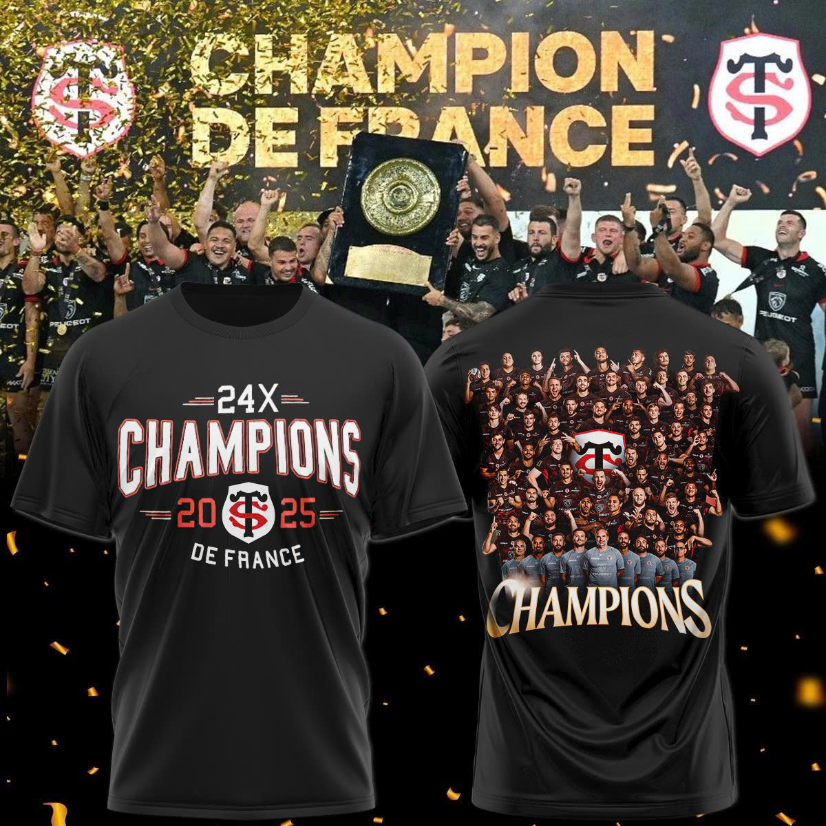 Stade Toulousain Champions 2025 Back To Back To Back T-Shirt