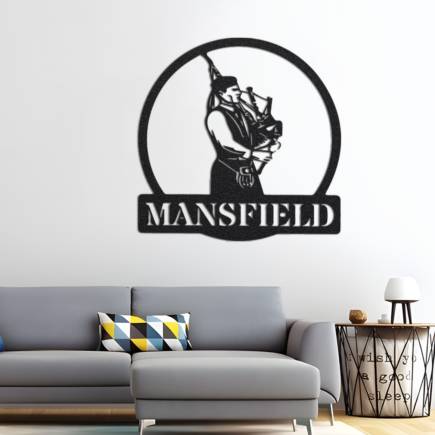 Bagpiper Metal Wall Art, MansField Metal Name Sign Wall Art, Music Wall Art Farmhouse Decor, Black Metal Wall Art Music Room Decor