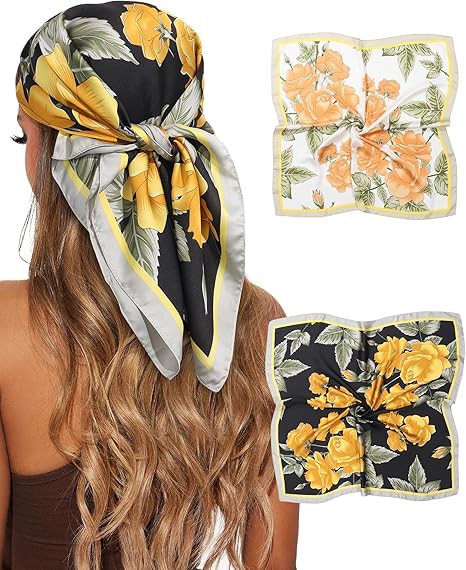 CHLINS 2 Pcs 27.5” Head Scarf for Women Satin Hair Scarf Silk Scarf Neck Scarf Square Hair Bandanas Hair Wraps
