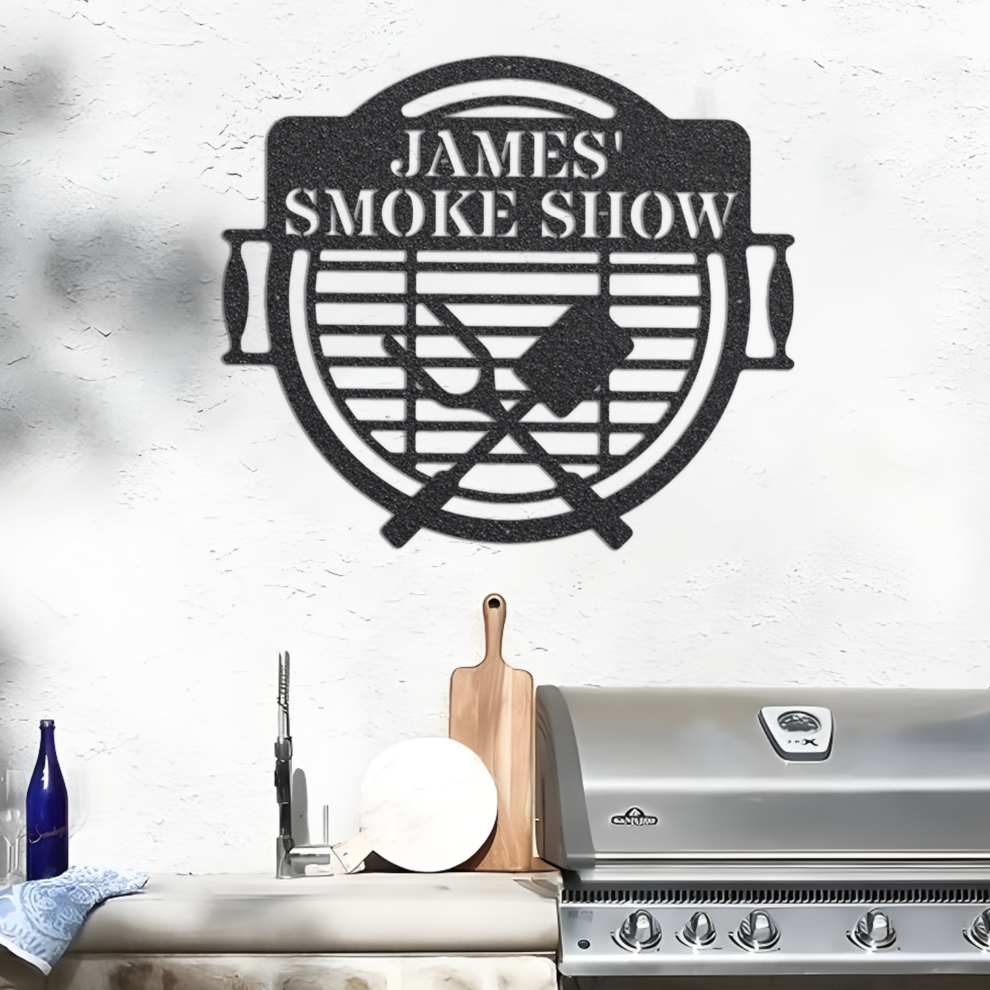 BBQ Sign Metal Wall Art, James' Smoke Show Metal Name Sign, Laser Cut Metal Sign Western Decor, Outdoor Wall Decor, Metal Shop Sign