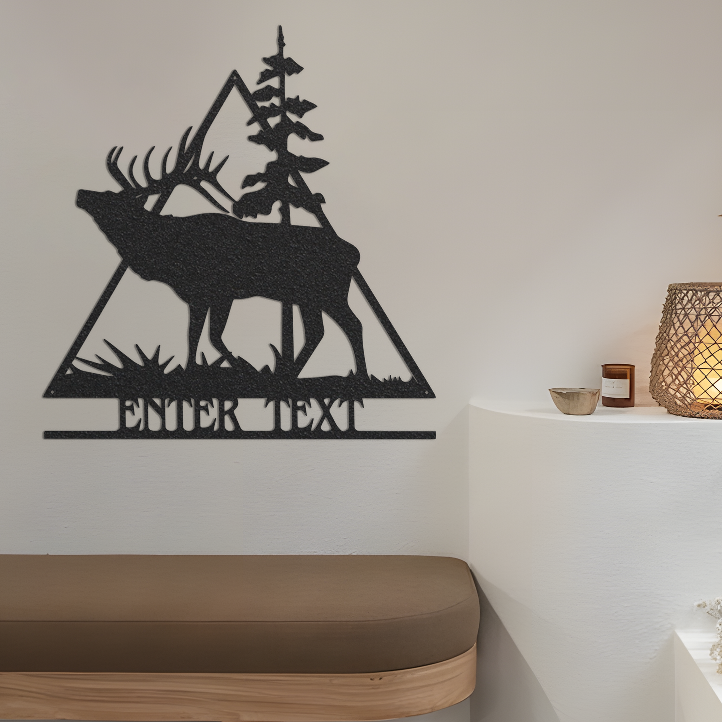 Personalized Elk Triangle Metal Sign, Custom Name Sign Elk Metal Art, Pine Tree Black Metal Wall Art, Elk Wall Art Animal Metal Sign