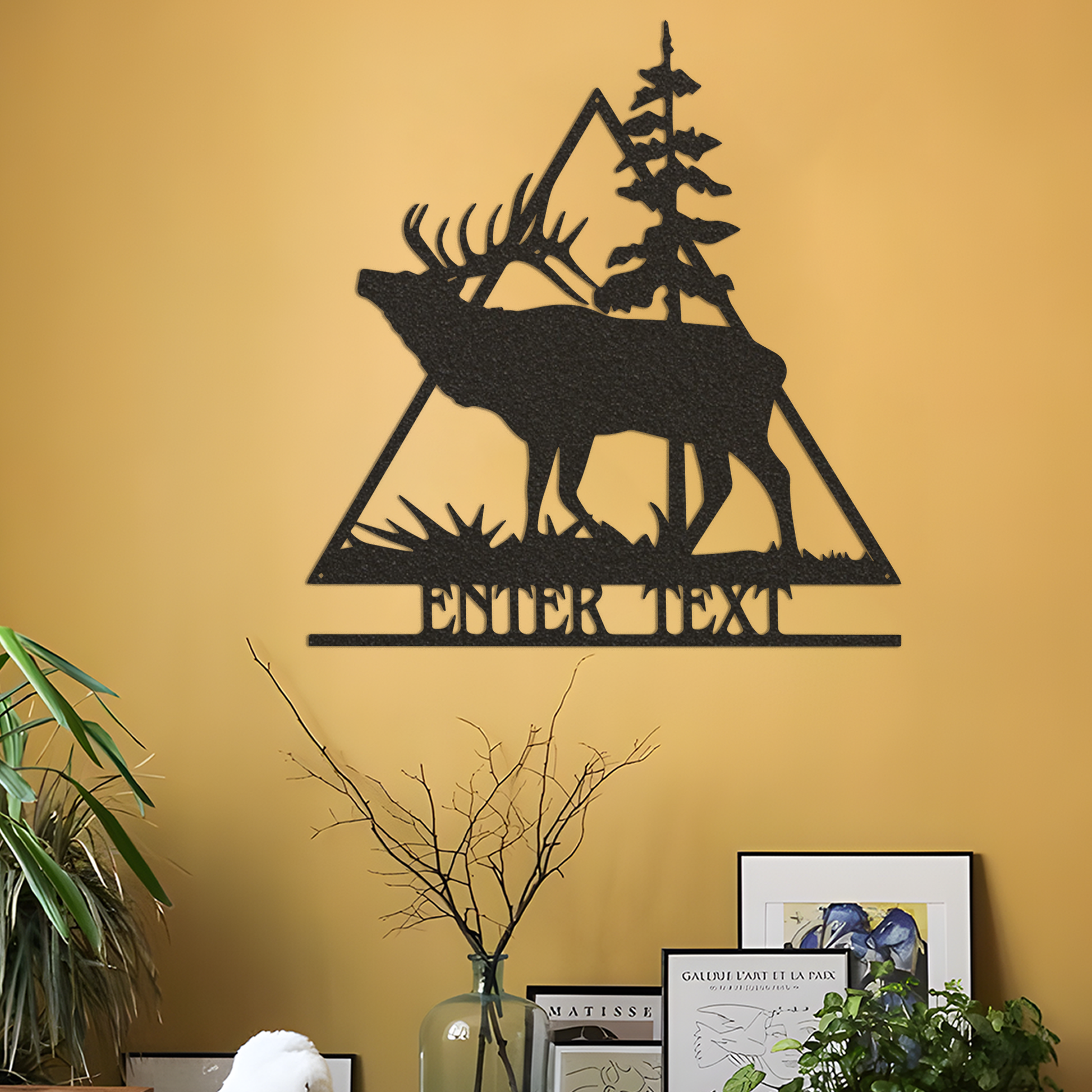 Personalized Elk Triangle Metal Sign, Custom Name Sign Elk Metal Art, Pine Tree Black Metal Wall Art, Elk Wall Art Animal Metal Sign