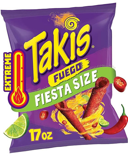 akis Fuego Rolled Spicy Tortilla Chips, Hot Chili Pepper Lime Flavored Hot Chips, 17 Ounce Fiesta Size Bag