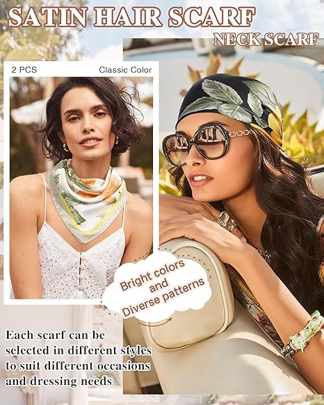 CHLINS 2 Pcs 27.5” Head Scarf for Women Satin Hair Scarf Silk Scarf Neck Scarf Square Hair Bandanas Hair Wraps