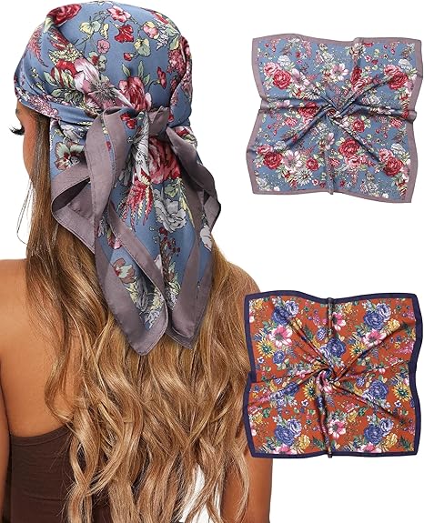 CHLINS 2 Pcs 27.5” Head Scarf for Women Satin Hair Scarf Silk Scarf Neck Scarf Square Hair Bandanas Hair Wraps