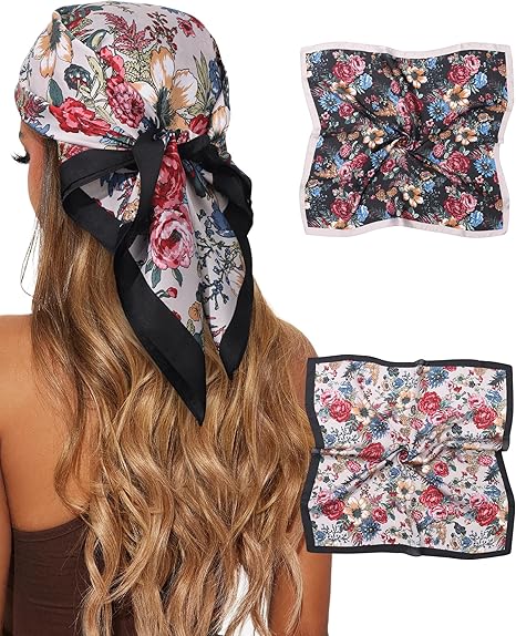 CHLINS 2 Pcs 27.5” Head Scarf for Women Satin Hair Scarf Silk Scarf Neck Scarf Square Hair Bandanas Hair Wraps