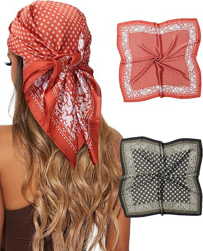 CHLINS 2 Pcs 27.5” Head Scarf for Women Satin Hair Scarf Silk Scarf Neck Scarf Square Hair Bandanas Hair Wraps