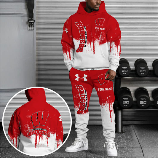 Wisconsin Badgers Hoodie Sweatpants Set,Custom Hoodie,Sport Hoodie Sweatpants Set,Sport Gifts FOR Fan EX23