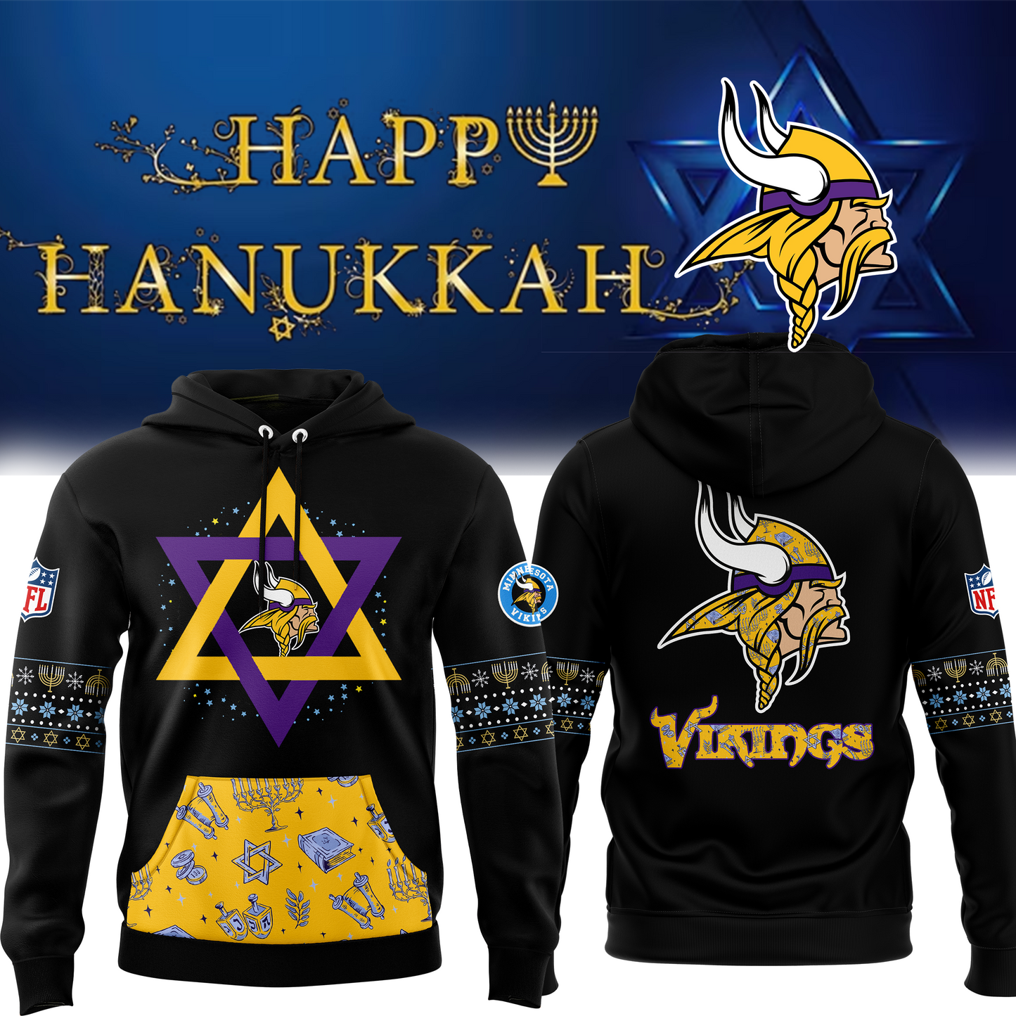 Premium Minnesota Vikings Merch - Minnesota Vikings 2025 Hanukkah Holliday Premium Limited Pullover Hoodie - Gear Up For Game Day