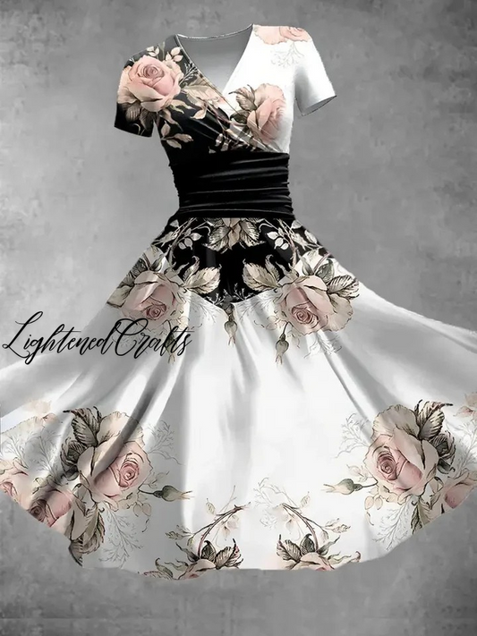 Women's Retro V-Neck Floral Art Print Short Sleeve Casual Dress