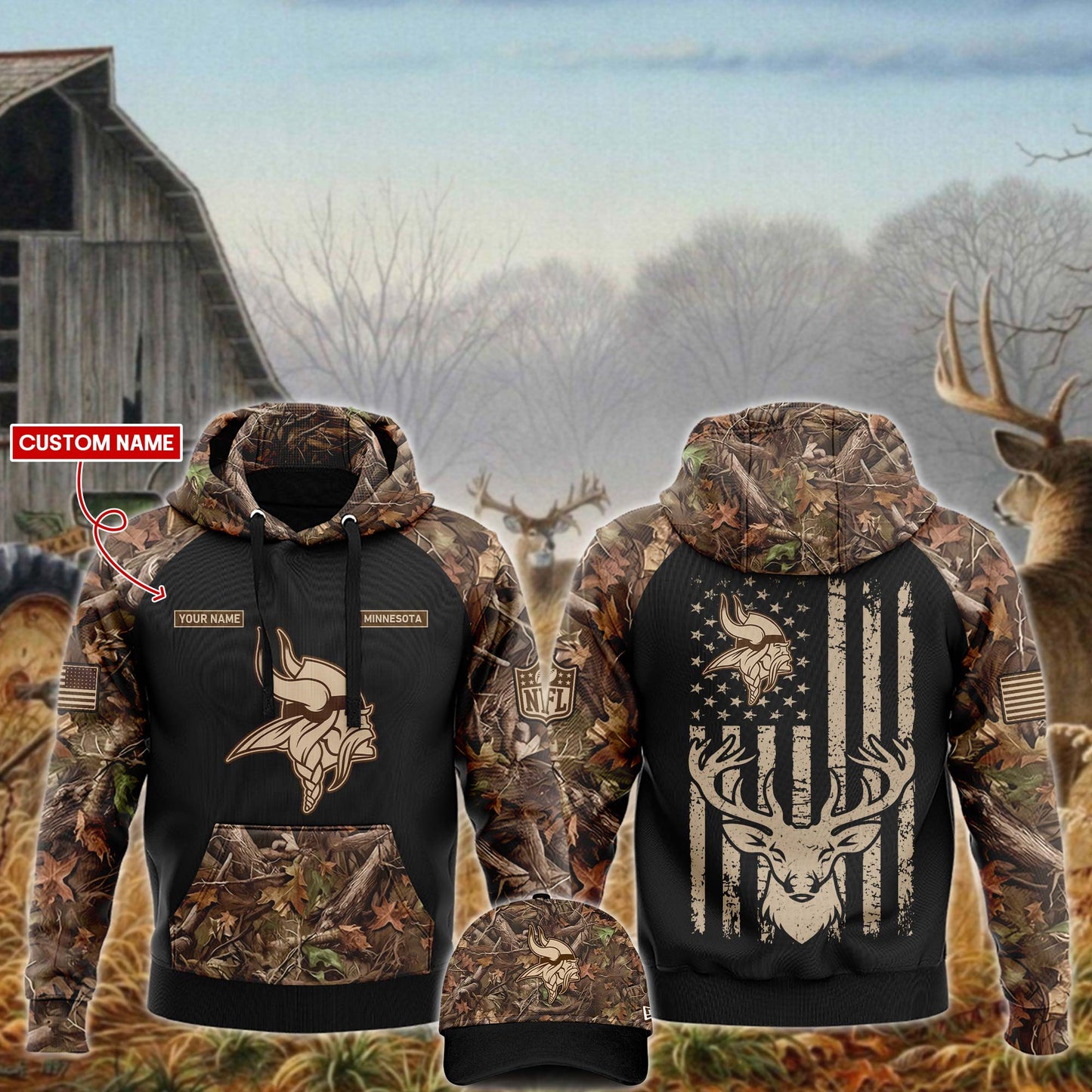Premium Minnesota Vikings Merch - Minnesota Vikings  Football x Hunting Limited Edition Black Hoodie 2025 - Gear Up For Game Day