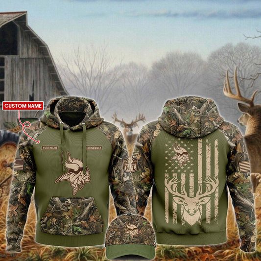 Premium Minnesota Vikings Merch - Minnesota Vikings  Football x Hunting Limited Edition Military Green Hoodie 2025 - Gear Up For Game Day