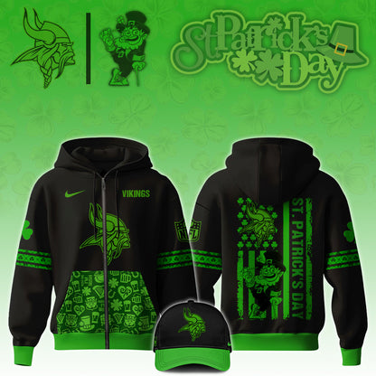 Premium Minnesota Vikings Merch - Minnesota Vikings Football x St.Patrick'Day Limited Edition Zip Hoodie 2025 - Gear Up For Game Day