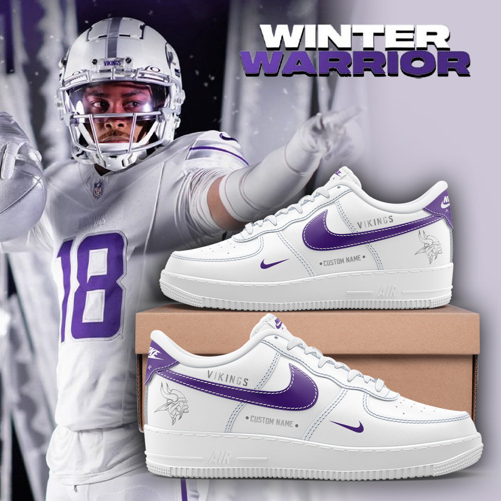 Premium Minnesota Vikings Merch - Limited Edition “Winter Warrior” AF1 Sneaker Custom Name 2025 - Gear Up For Game Day