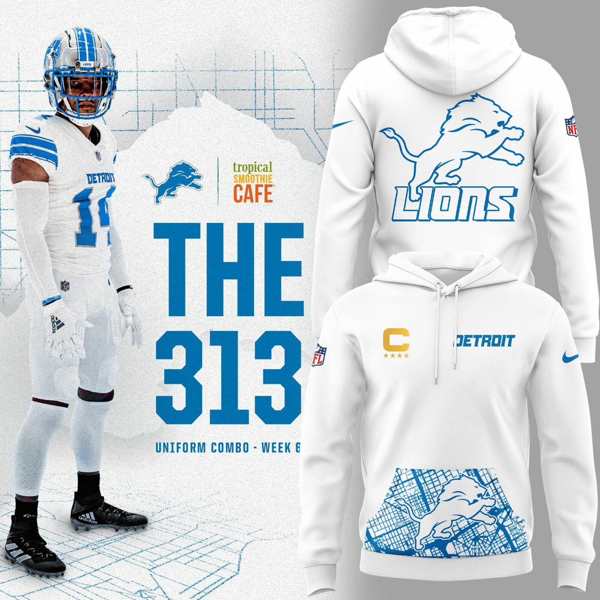 D.Lions 2024 Limited Detroit Map "The 313" White Hoodie