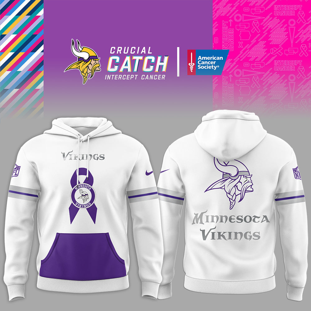 Premium Minnesota Vikings Merch - Minnesota Vikings Football - Limited Intercept Cancer 2025 White Hoodie - Gear Up For Game Day