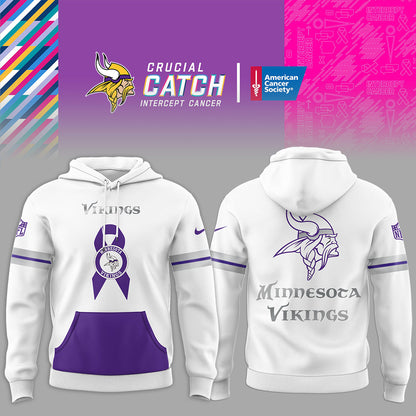 Premium Minnesota Vikings Merch - Minnesota Vikings Football - Limited Intercept Cancer 2025 White Hoodie - Gear Up For Game Day