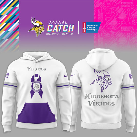 Premium Minnesota Vikings Merch - Minnesota Vikings Football - Limited Intercept Cancer 2025 White Hoodie - Gear Up For Game Day