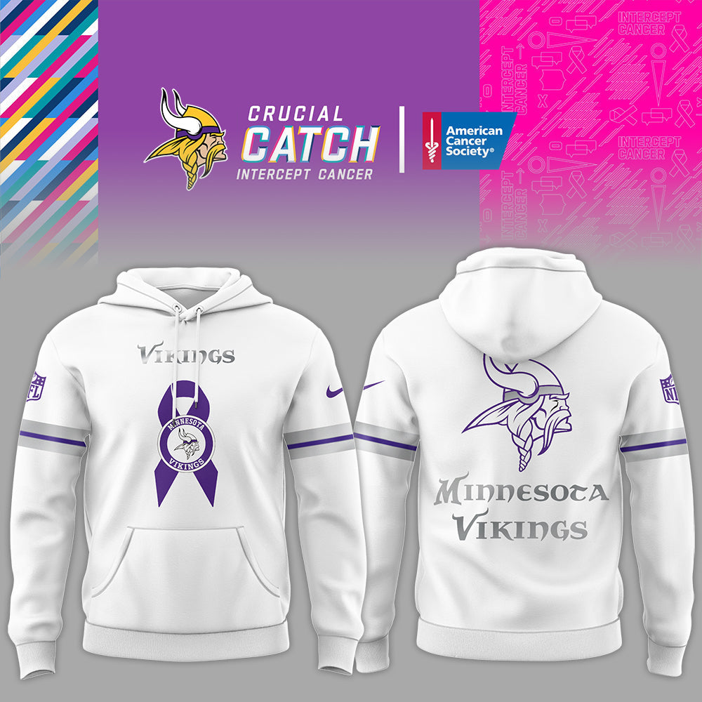 Premium Minnesota Vikings Merch - Minnesota Vikings Football - Limited Intercept Cancer 2025 White Hoodie - Gear Up For Game Day