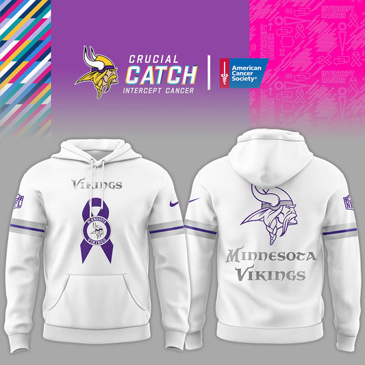 Premium Minnesota Vikings Merch - Minnesota Vikings Football - Limited Intercept Cancer 2025 White Hoodie - Gear Up For Game Day