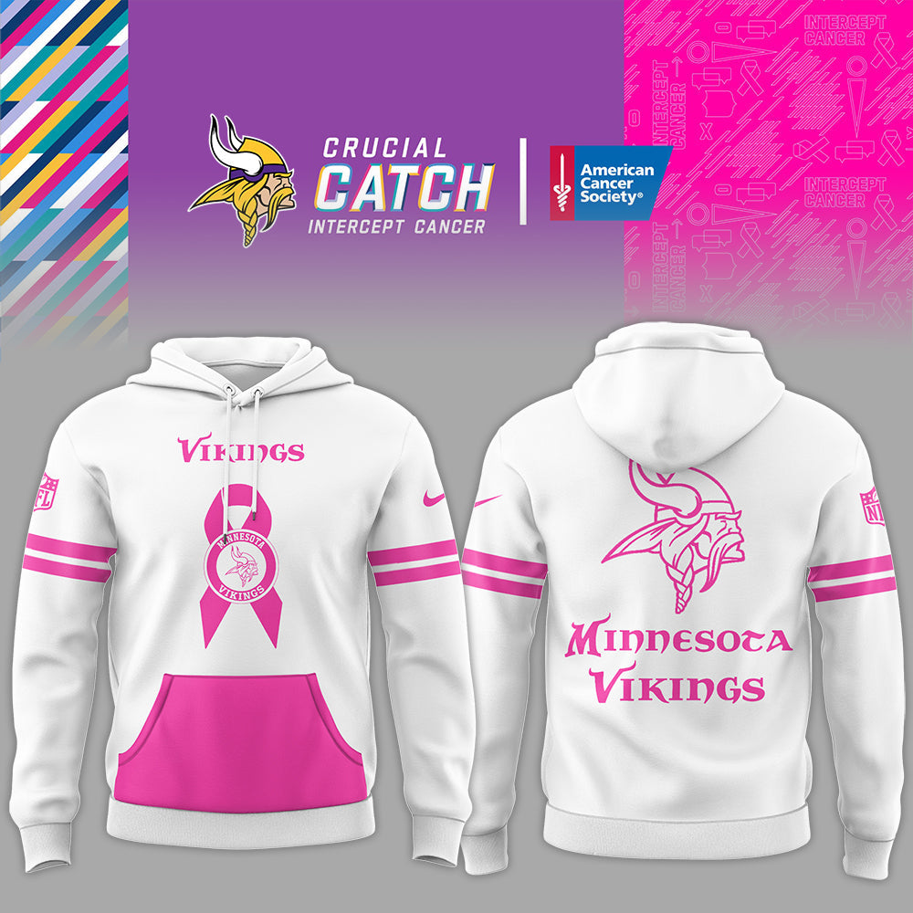Premium Minnesota Vikings Merch - Minnesota Vikings Football - Limited Intercept Cancer 2025 White Hoodie - Gear Up For Game Day