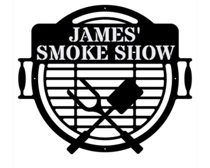 BBQ Sign Metal Wall Art, James' Smoke Show Metal Name Sign, Laser Cut Metal Sign Western Decor, Outdoor Wall Decor, Metal Shop Sign