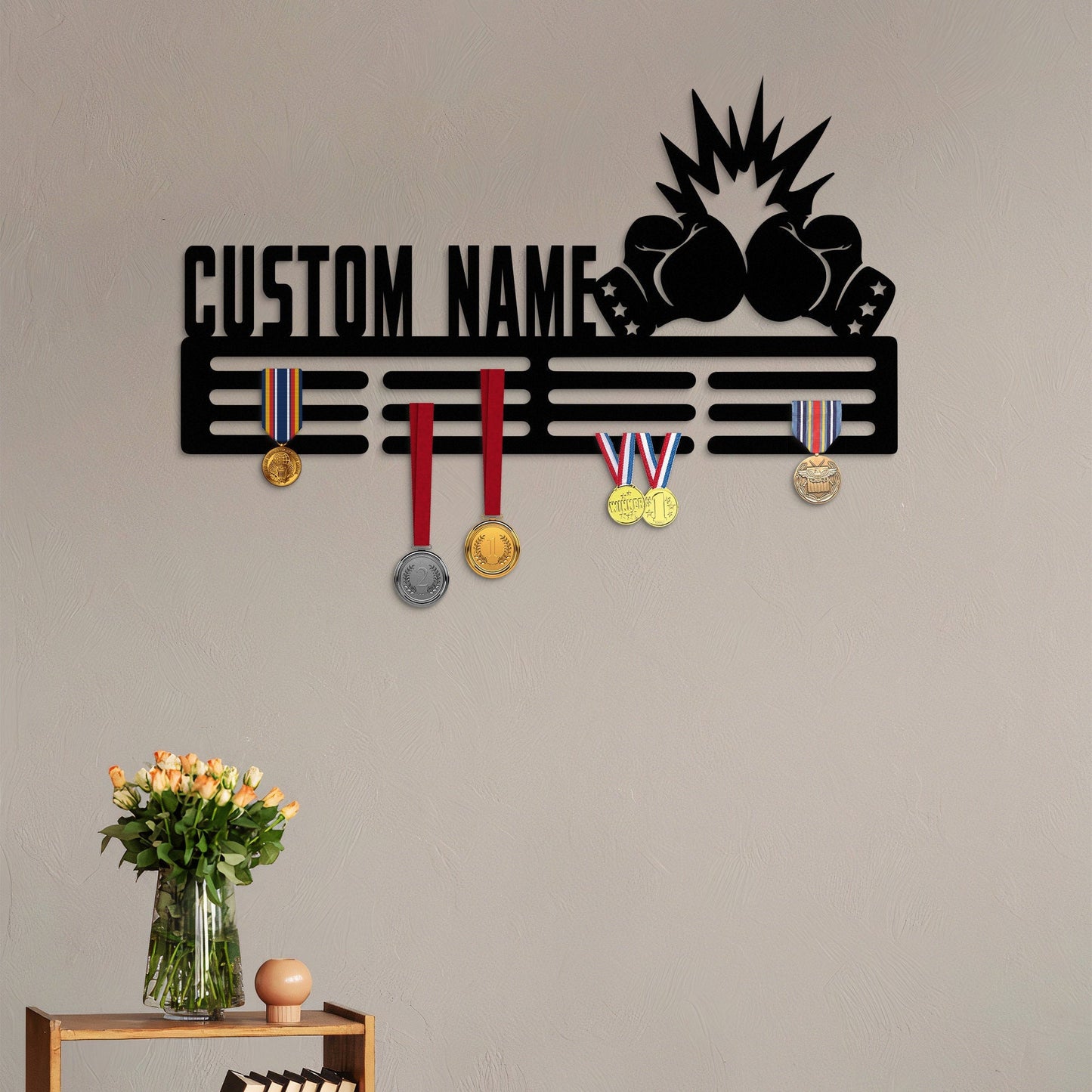 Boxing Medal Hanger Custom Name with Led Light, Sports Medal Hanger Display Rack for Awards Ribbons, Tiered Award Rack, Boxing Gloves Gift