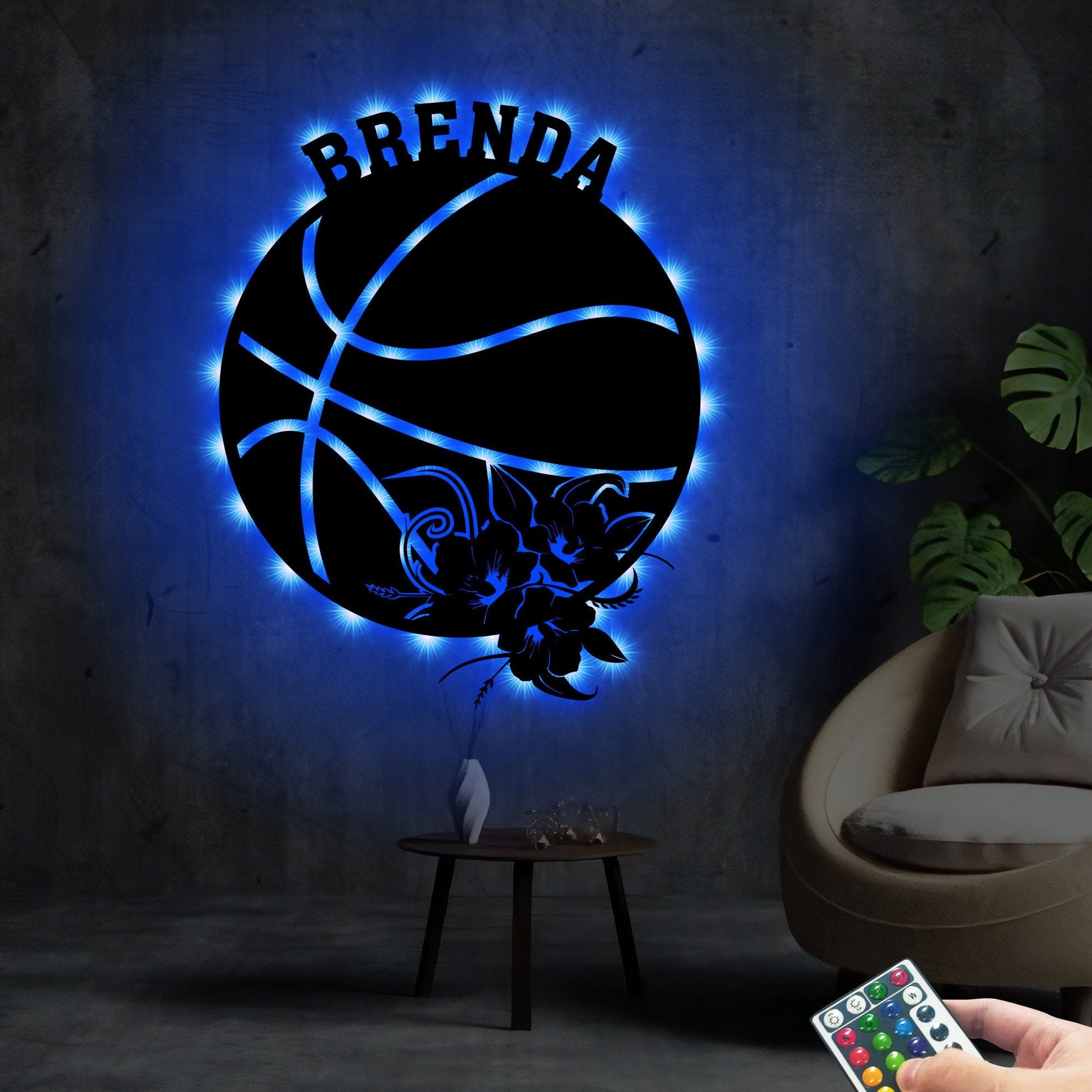 Personalized Floral Basketball Metal Wall Art With Led Lights, Custom Basketball Sign, Sport Sign, Basketball Lover Gift, Christmas Gift