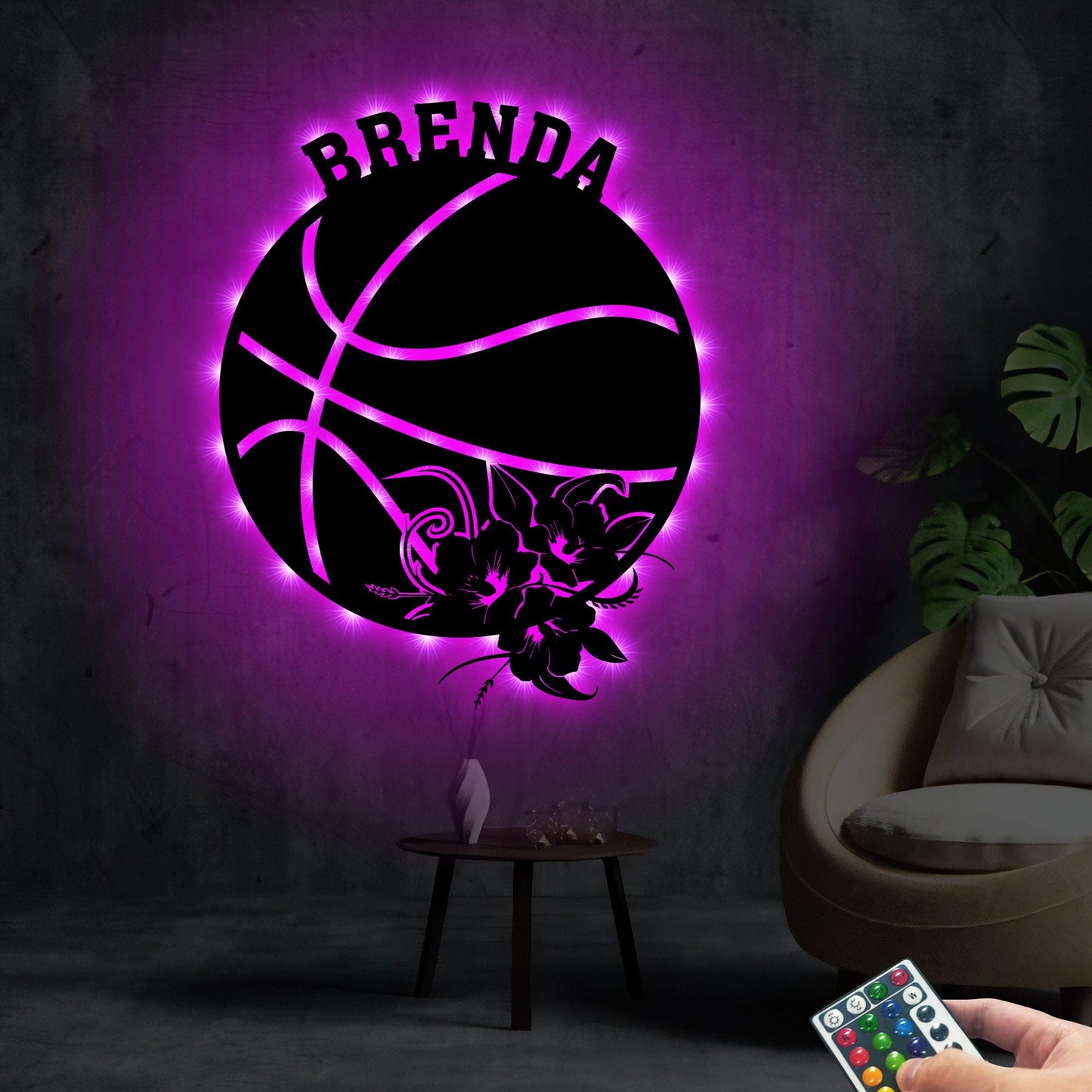 Personalized Floral Basketball Metal Wall Art With Led Lights, Custom Basketball Sign, Sport Sign, Basketball Lover Gift, Christmas Gift