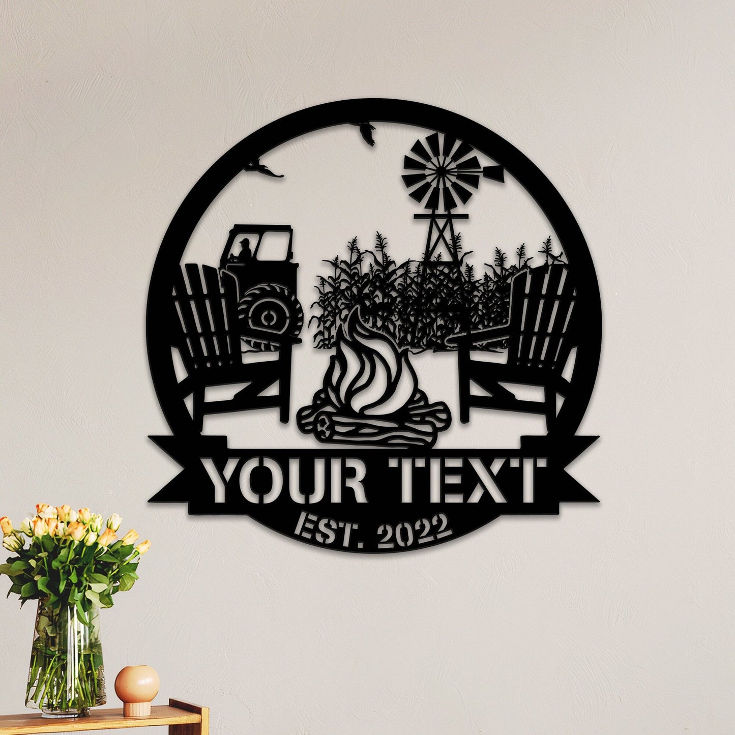 Personalized Corn Field Scene Metal Wall Metal Wall Art With Led Light, Custom Corn Farm Sign, Farm Tractor, Windmill Farm Sign, Campfire