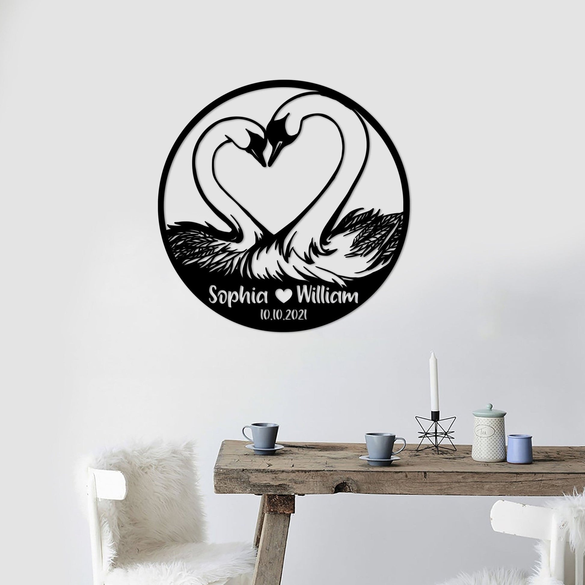 Personalized Swan Couple Metal Sign, Wedding Metal Wall Art, Romantic Swan, Gift For Couple, Anniversary Gift, Custom Name Sign, House Decor