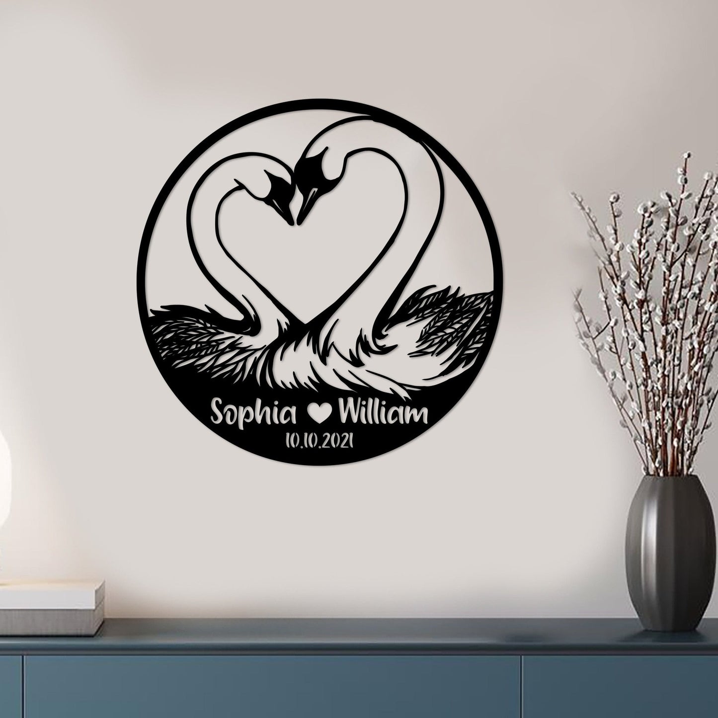 Personalized Swan Couple Metal Sign, Wedding Metal Wall Art, Romantic Swan, Gift For Couple, Anniversary Gift, Custom Name Sign, House Decor