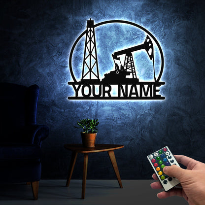 Personalized Oil Field Metal Sign With Lights, Oil Rig Welcome Sign, Rustic Metal Wall Art, Split Monogram Metal Sign, Driller Gift, Mancave