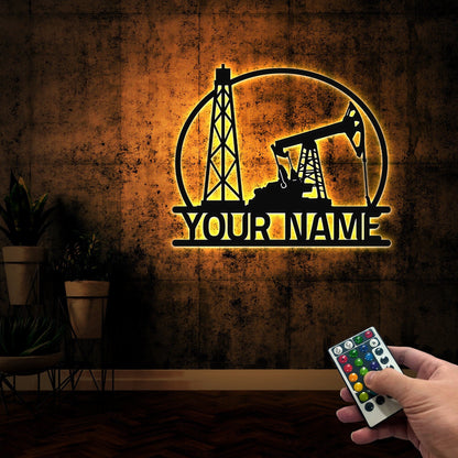 Personalized Oil Field Metal Sign With Lights, Oil Rig Welcome Sign, Rustic Metal Wall Art, Split Monogram Metal Sign, Driller Gift, Mancave