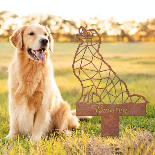 Golden Retriever Geometric Garden Stake Rusty, Rusted Metal Yard Art, Dog Garden Sign, Vintage Outdoor Decor, Geometric Dog Gift