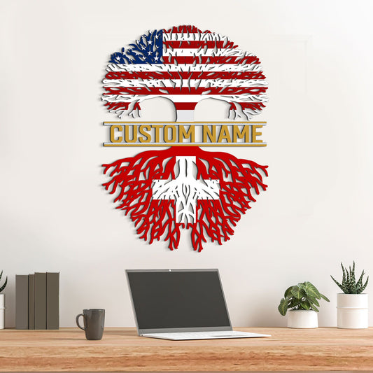 American Grown Swiss Roots Metal Sign with Led Light, Tree of Life Wall Decor, Family Tree 4th of July Gift, American Swiss Sign, US Flag