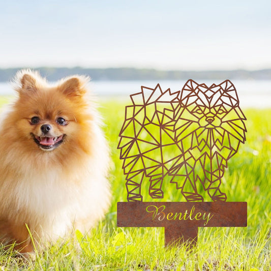 Pomeranian Geometric Garden Stake Rusty, Pomeranian Rusted Metal Yard Art, Dog Garden Sign, Vintage Outdoor Decor, Geometric Dog Gift