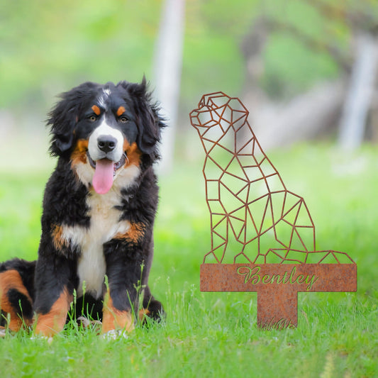 Bernese Mountain Dog Geometric Garden Stake Rusty, Rusted Metal Yard Art, Dog Garden Sign Vintage Outdoor Decor, Geometric Dog Gift