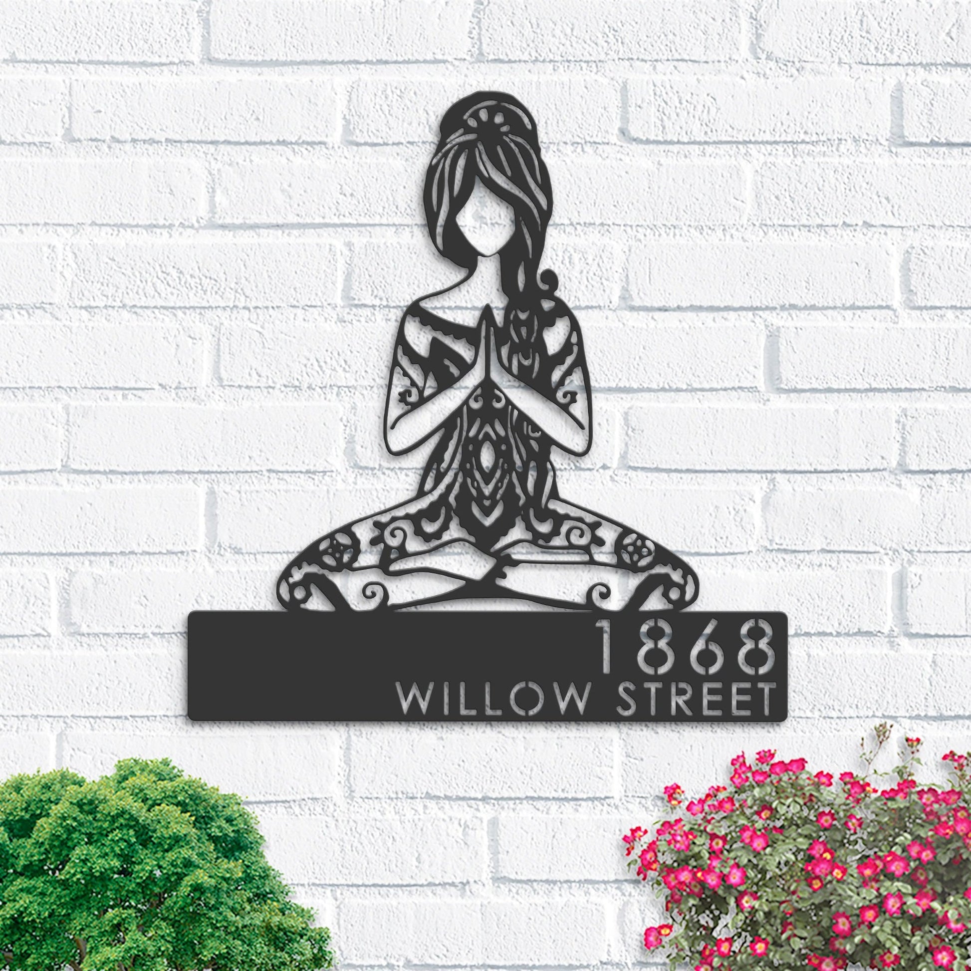 Personalized Yoga Girl in hippie style Metal Address Sign, Hanging Address Plaque, Yard Sign, Outdoor Sign, Garden Stake