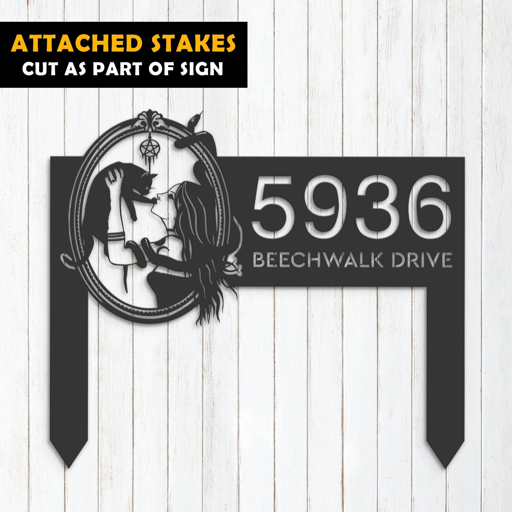 Personalized Witch and black cat Metal Address Sign House number Hanging Address Plaque Yard Outdoor Sign Garden Stake