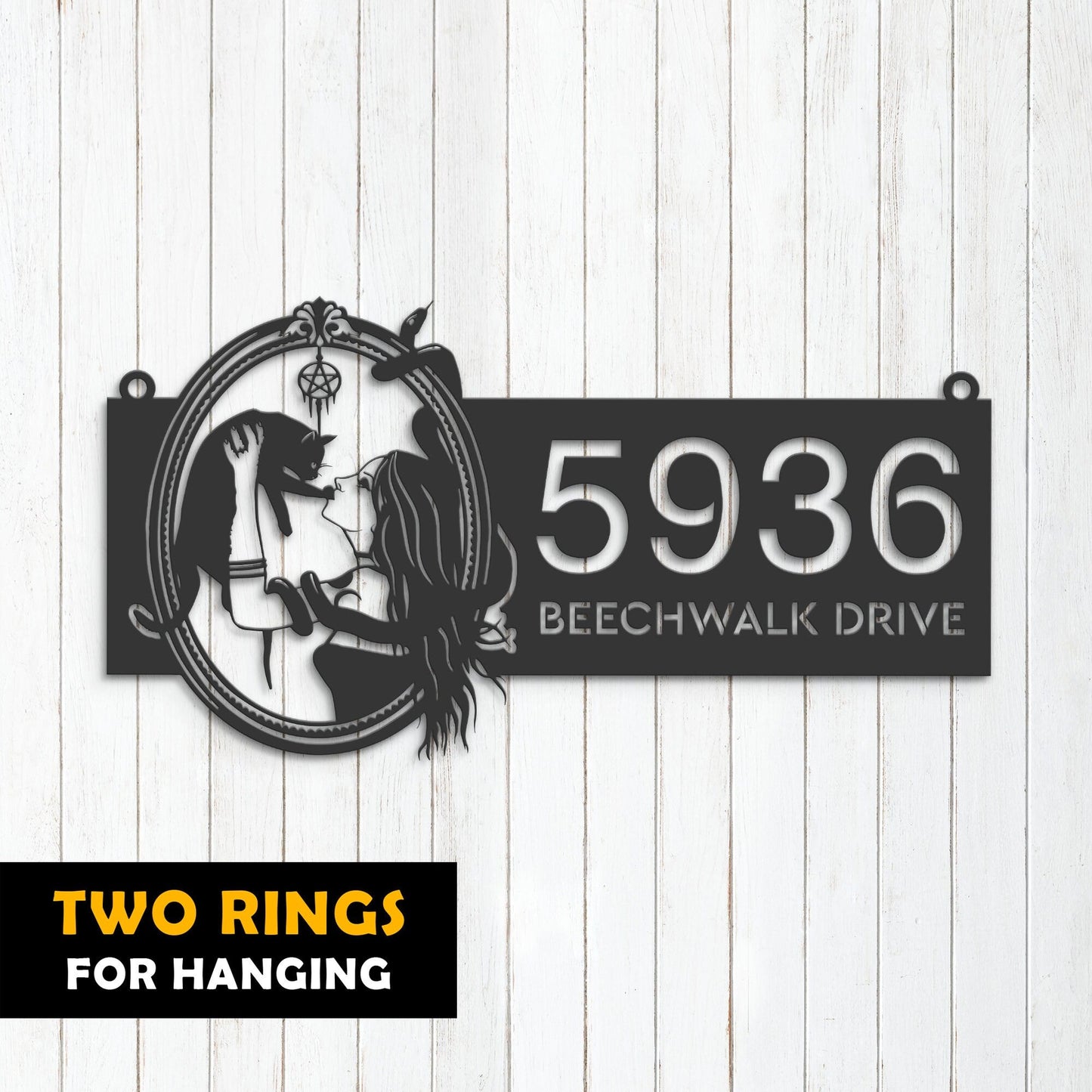 Personalized Witch and black cat Metal Address Sign House number Hanging Address Plaque Yard Outdoor Sign Garden Stake