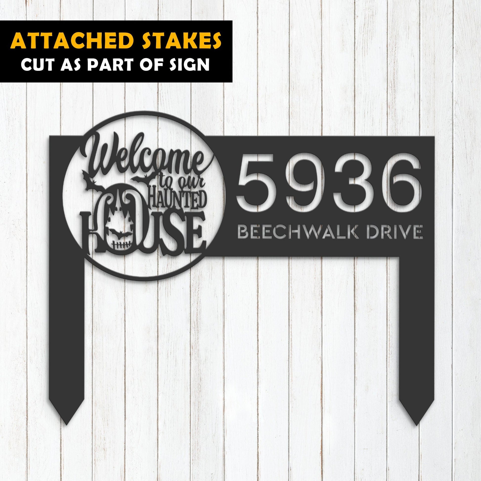 Personalized Welcome to our haunted house Halloween Metal Address Sign House number Hanging Address Plaque Yard Outdoor Sign Garden Stake